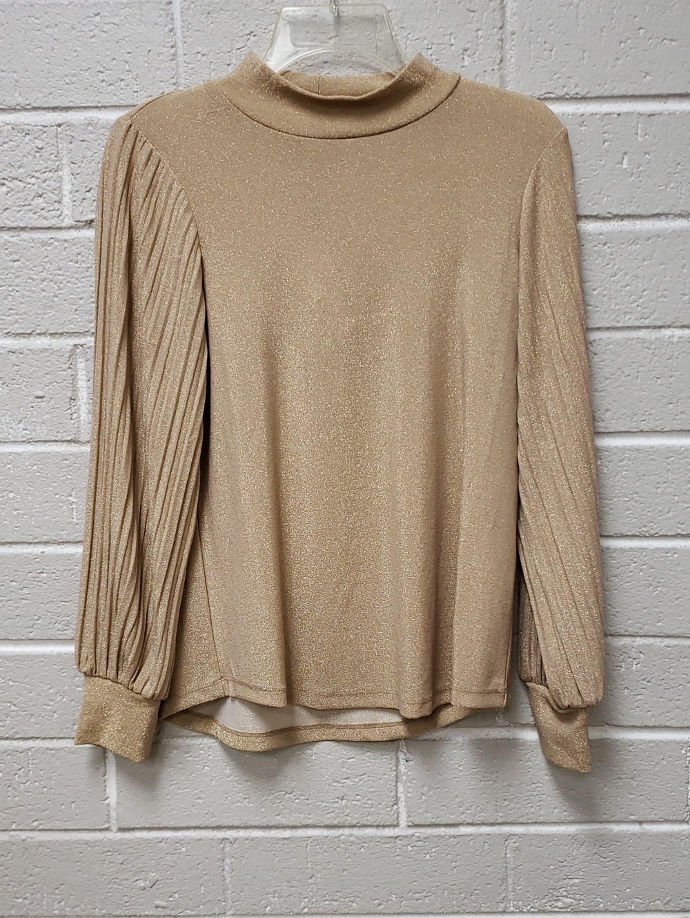 Sparkle Pleated Long-Sleeve Top in Beige